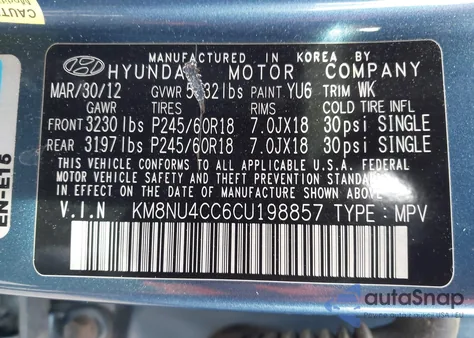 2012 Hyundai Veracruz Limited из США, поврежденный, VIN KM8NU4CC6CU198857